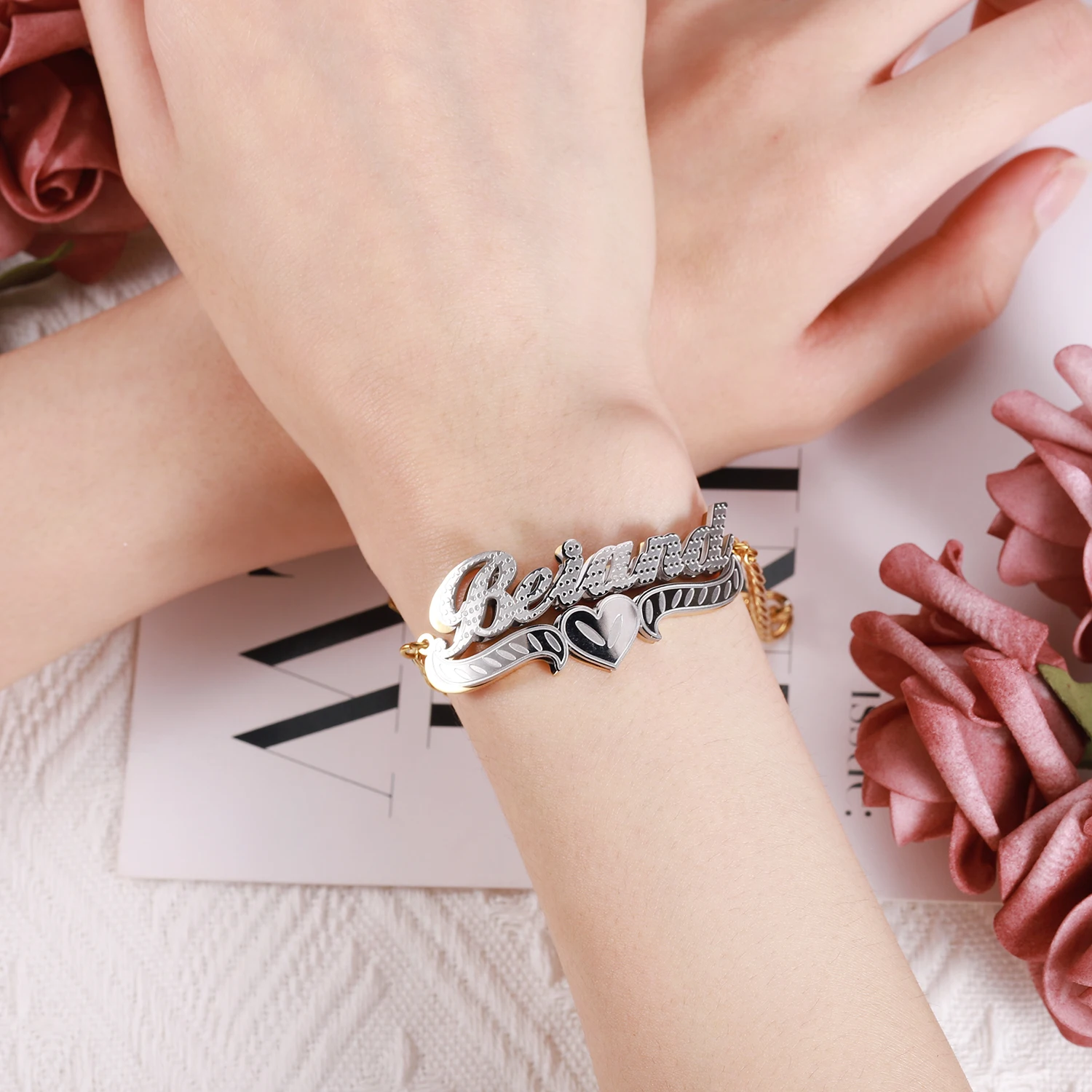 New Customized Bracelets Name Double Layer Two Tone Heart Cuban Chain Personalized Custom Gold Plated Name Bracelet For Women view 3