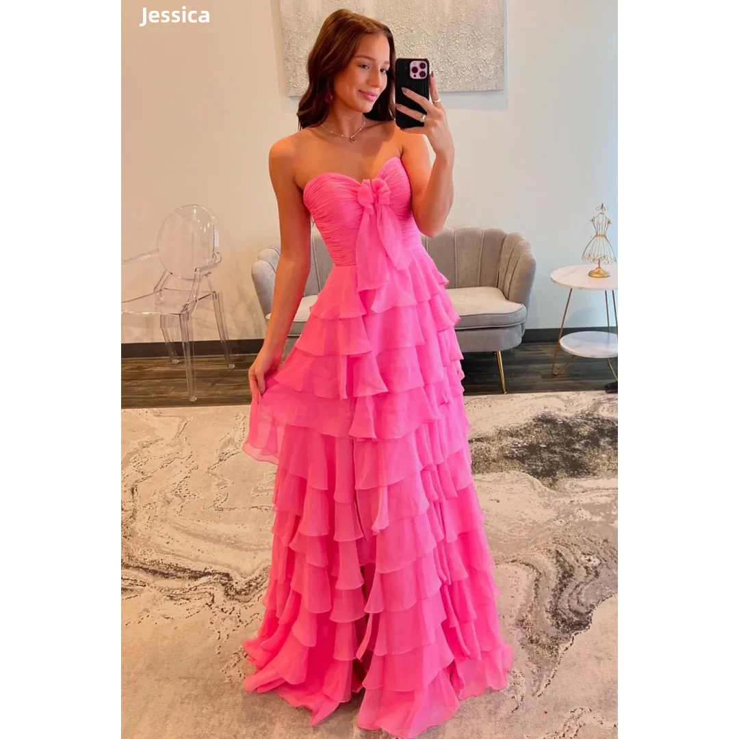 

Jessica Sweet Pink Evening Dresses Pleated Chiffon Multi-layer Prom Dresses Side Slit Women's Wedding Party Dresses Customized