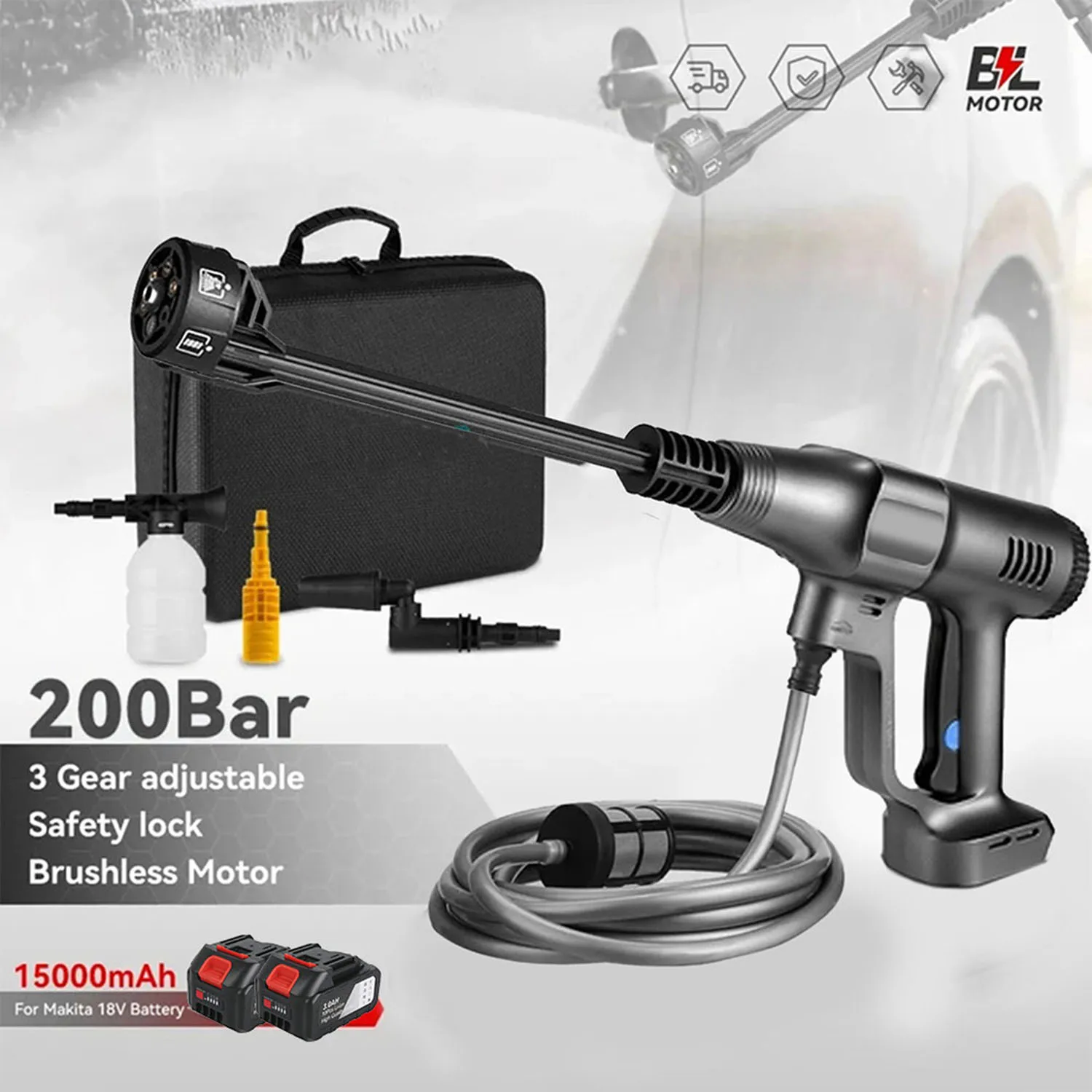 Cordless Pressure Washer 18V 3500W Brushless Motor, 200 Bar High Pressure Water Gun with 6-in-1 Nozzle, 5M Hose, 15000mAh Lithium Battery for Car Washing and Outdoor Cleaning