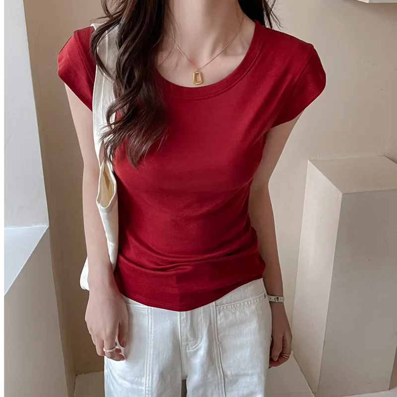 

Women's T-Shirts Slim Base Layer Tops Korea Stylish Short Sleeve Solid Color Chic Elegant Classic Tees Female Outwear C5981
