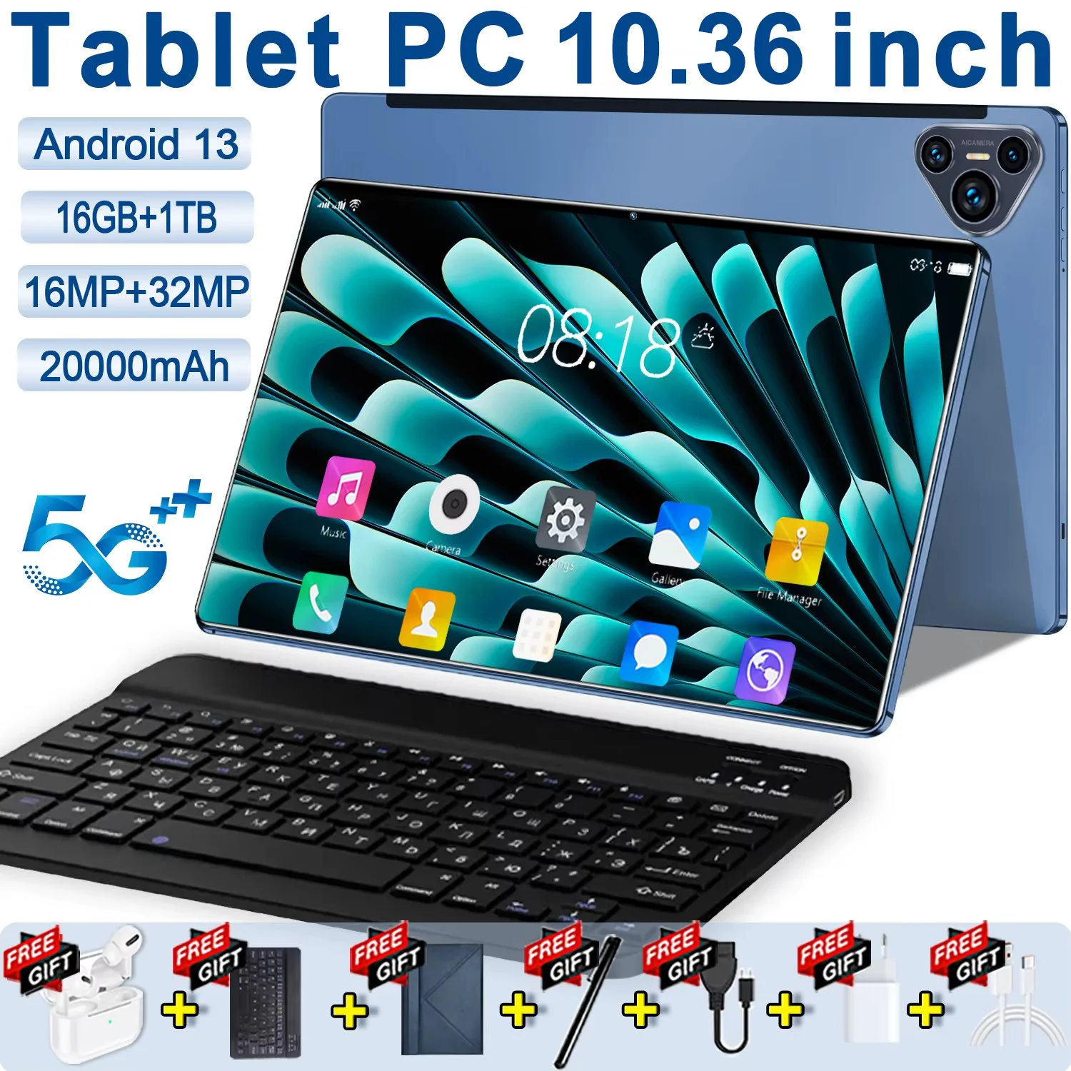 10.5-дюймовый планшет android 16GB RAM + 1TB ROM 16MP + 32MP Network 2025 mAh Android 10,36 Wifi 14 core Bluetooth