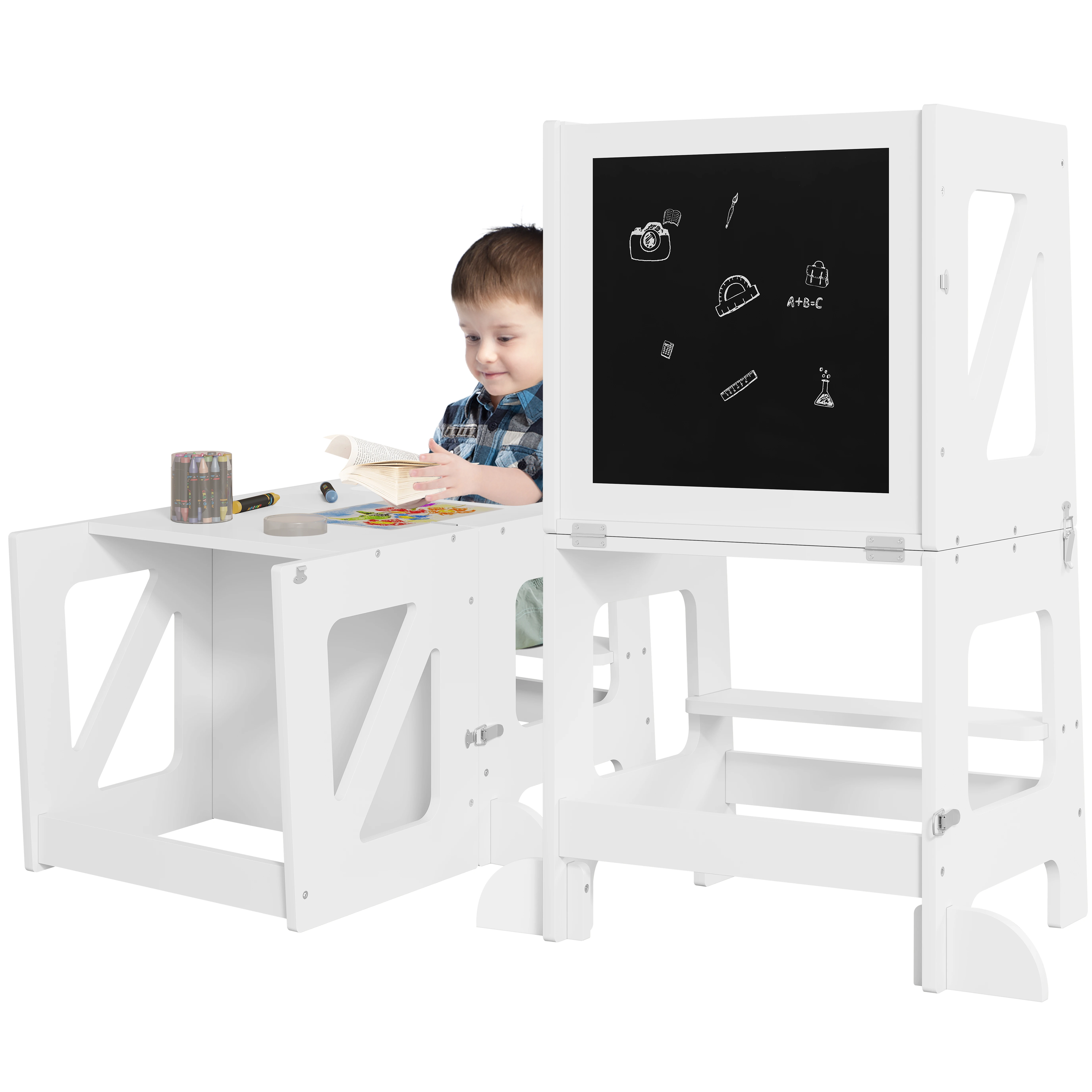 Taburete 3 en 1, mesa para niños, torre de aprendizaje Montessori plegable para niños, ayuda de cocina con protección contra caídas