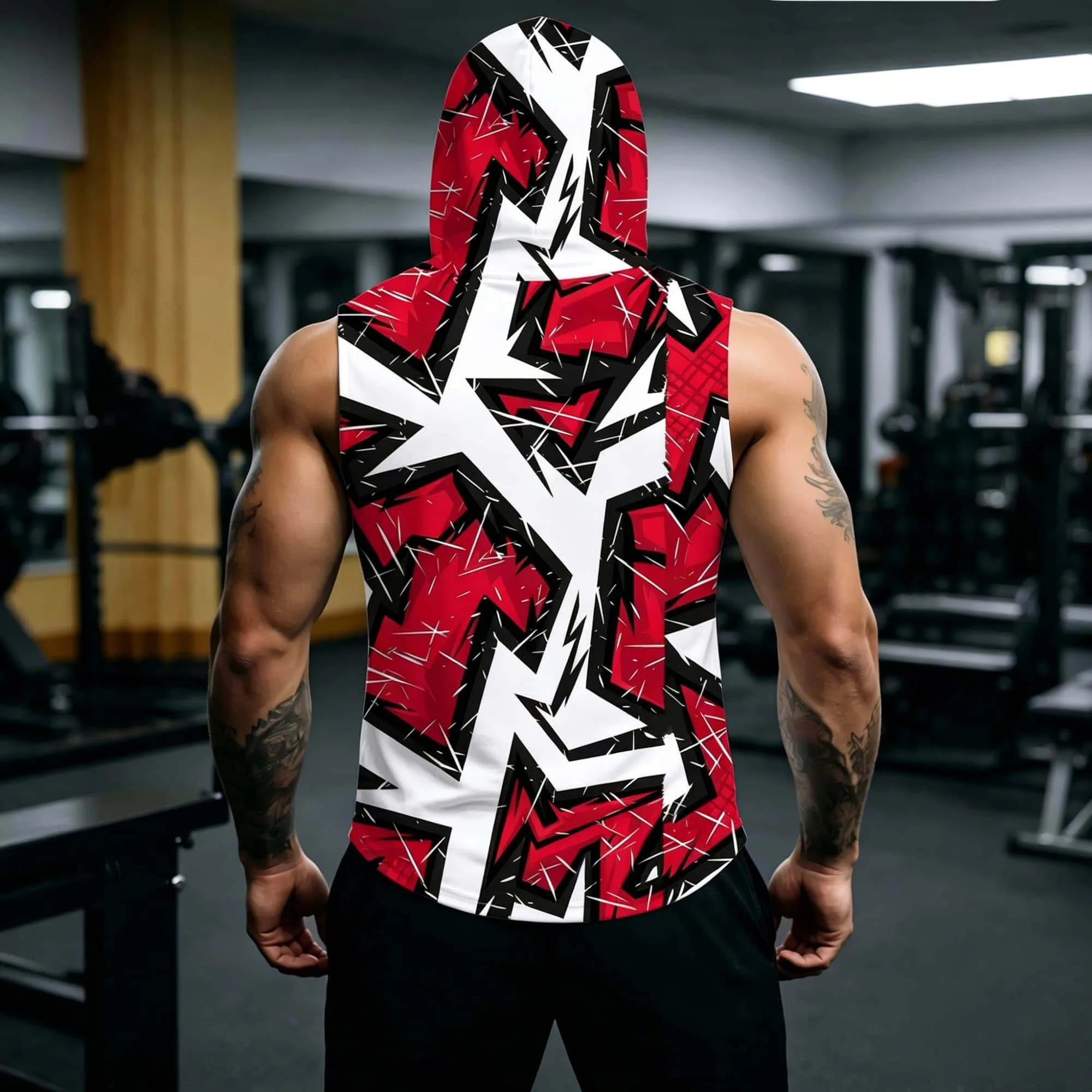Men Red White Black Graffiti Sleeveless Hooded Gym Tank Top Abstract Sharp Geometric Full Print Wicking Muscle Workout Vest