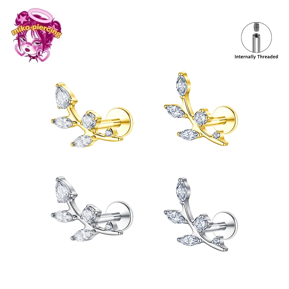 ASTM F136 Titanium Pvd-Gold Piercing Set Lip 16G CZ Leaf Shaped Cartilage Helix Conch Lobe Ear Piercing Flat Back Earring
