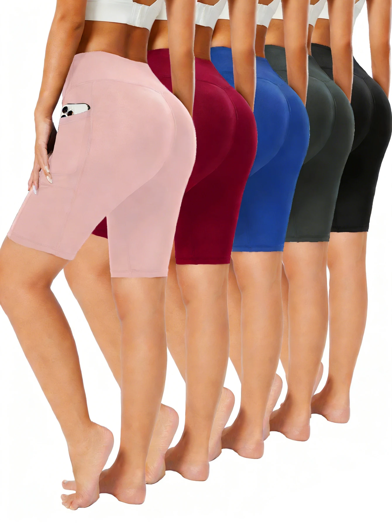 

5Pcs Women's Yoga Shorts with Pockets, High-Waisted Design That Shapes The Abdomen And Lifts The Buttocks, Suitable for Yoga