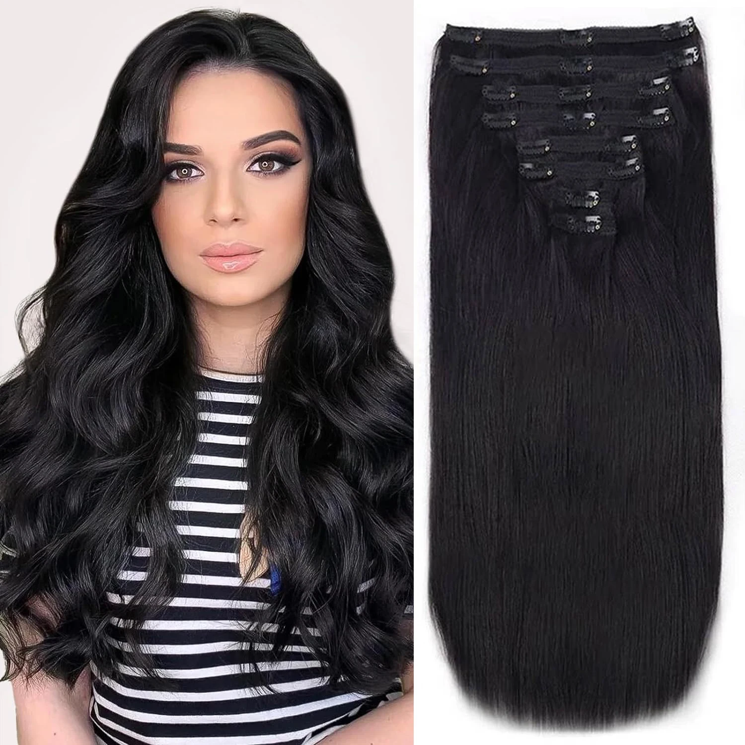 Extensões retas do cabelo humano, cabeça completa, cabelo brasileiro do Virgin, cor natural, grampo na extensão