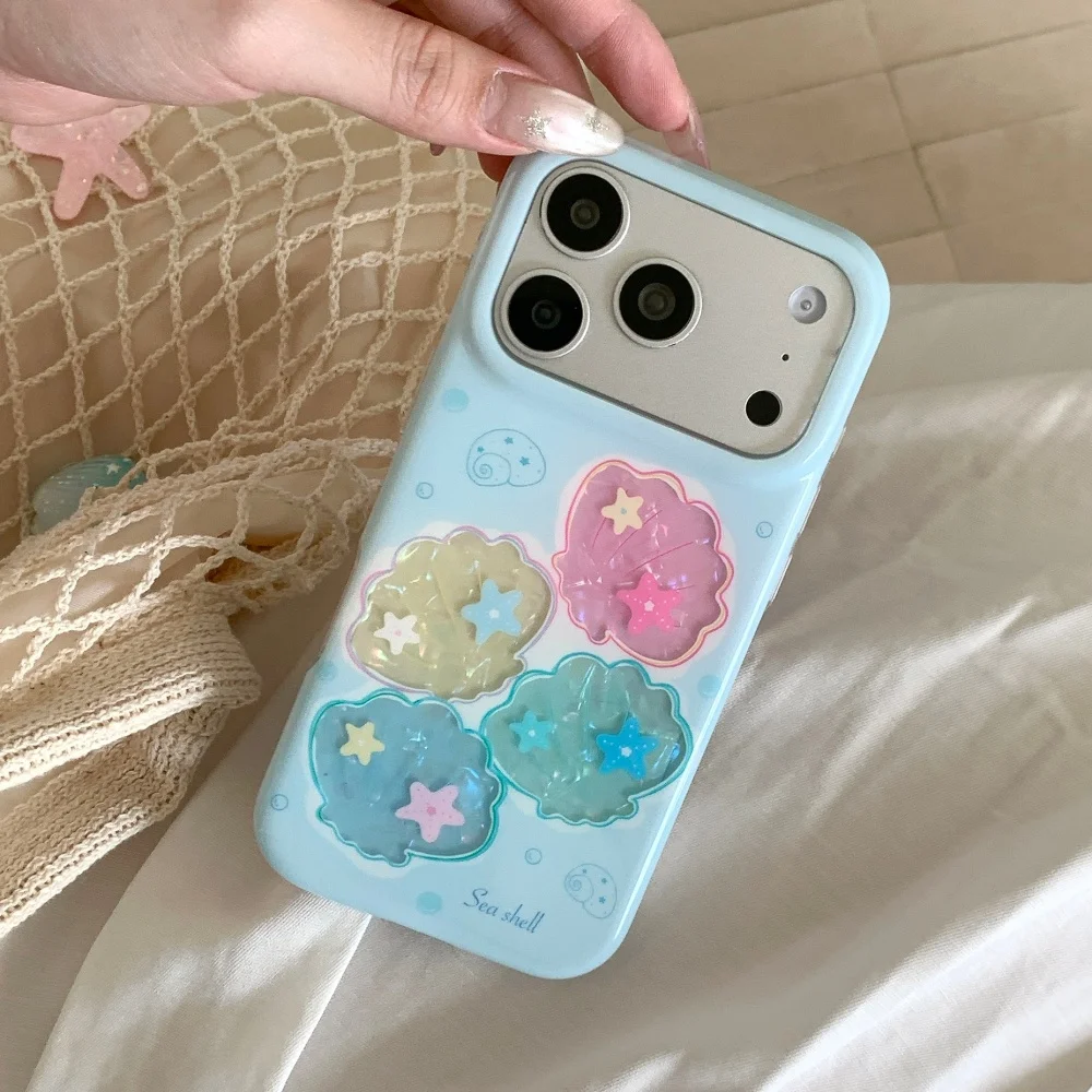 New Korea Ins Summer Blue Shell Pattern Phone Case for iPhone 17 Pro Max 16 Max 16 15 17 Pro Dopamine Anti-Fall Protective Cover