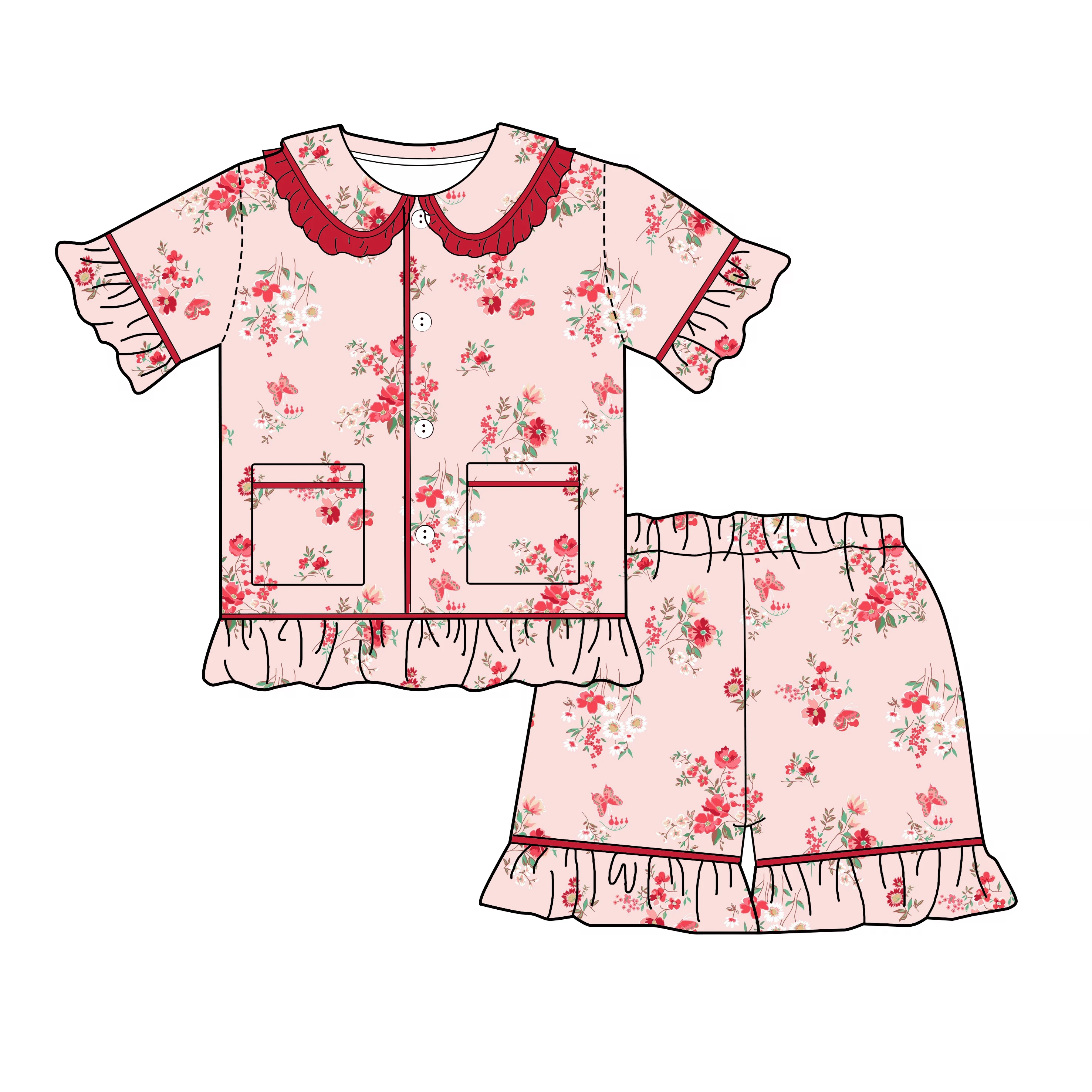 New Girls' collection featuring floral prints and exquisite children's sets lapel lace short-sleeved lace shorts lace girls set