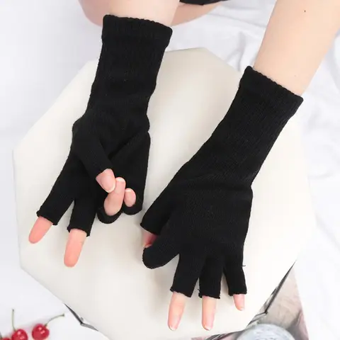Black Knitted Gloves Winter Thermal Warm Fingerless Fashion Men Women Riding Cozy Writing Driving Work Gloves Elastic Mittens
