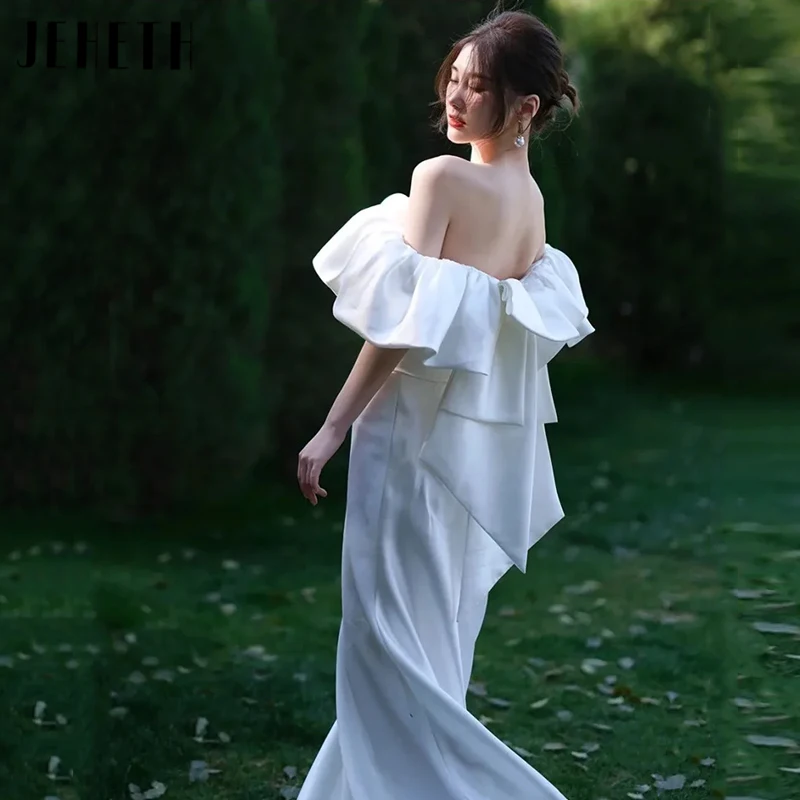 JEHETH Satin Mermaid Boat Neck Wedding Dresses For Women Elegant Ruched Off Shoulder Bridal Gowns Bow Backless Vestidos De Novia