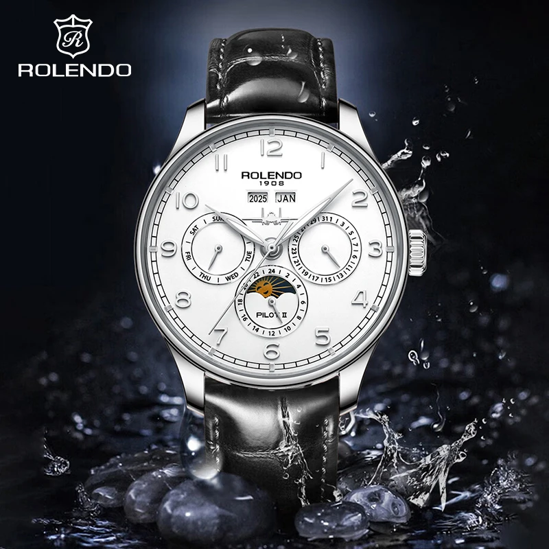 

ROLENDO Men's Automatic Watch 43mm Moon Phase Display Calendar and week Leather Strap 50m Water Resistance Classic Design