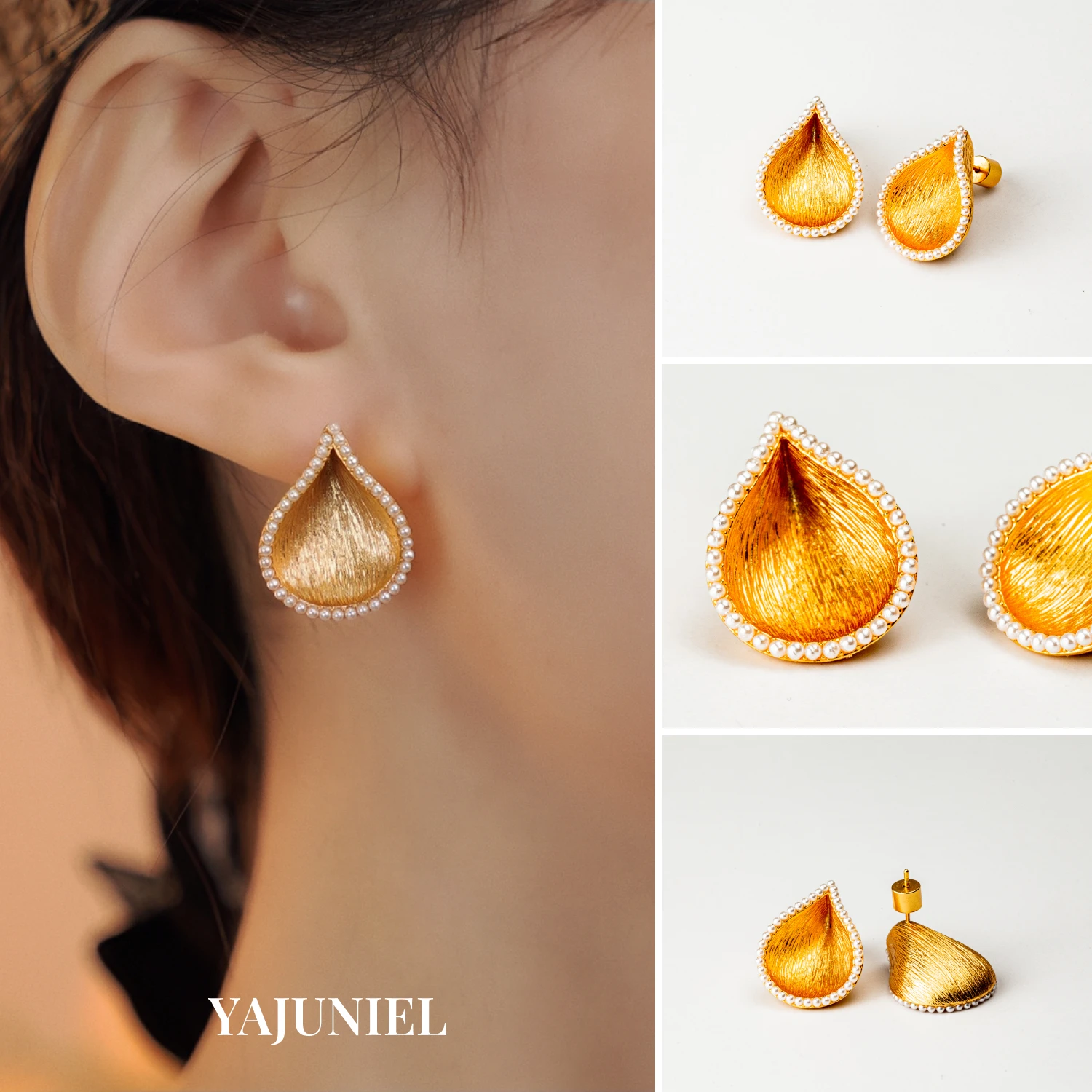 

YAJUNIEL 24K Real Gold Plated Teardrop Natural Pearl Stud Earrings for Women Hypoallergenic Shell Shape Textured Earrings