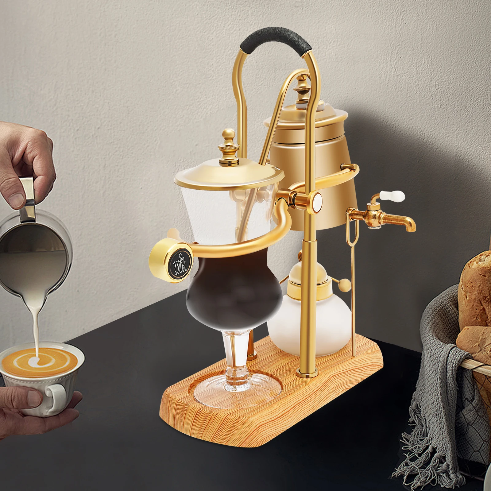 

Siphon Coffee Maker, Gold Vacuum Coffee Pot with Alcohol Burner, Borosilicate Glass Stainless Steel Siphon Brewer for Home Cafe