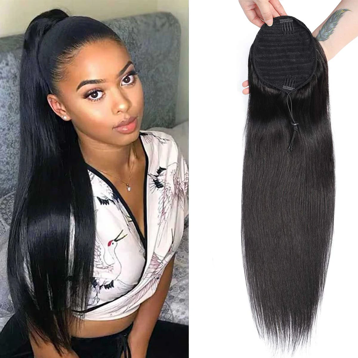 Human Hair Straight Ponytail Hair Extension Clip In Ponytail Hair Extension Drawstring Ponytail Long Straight Ponytail 16-26Inch