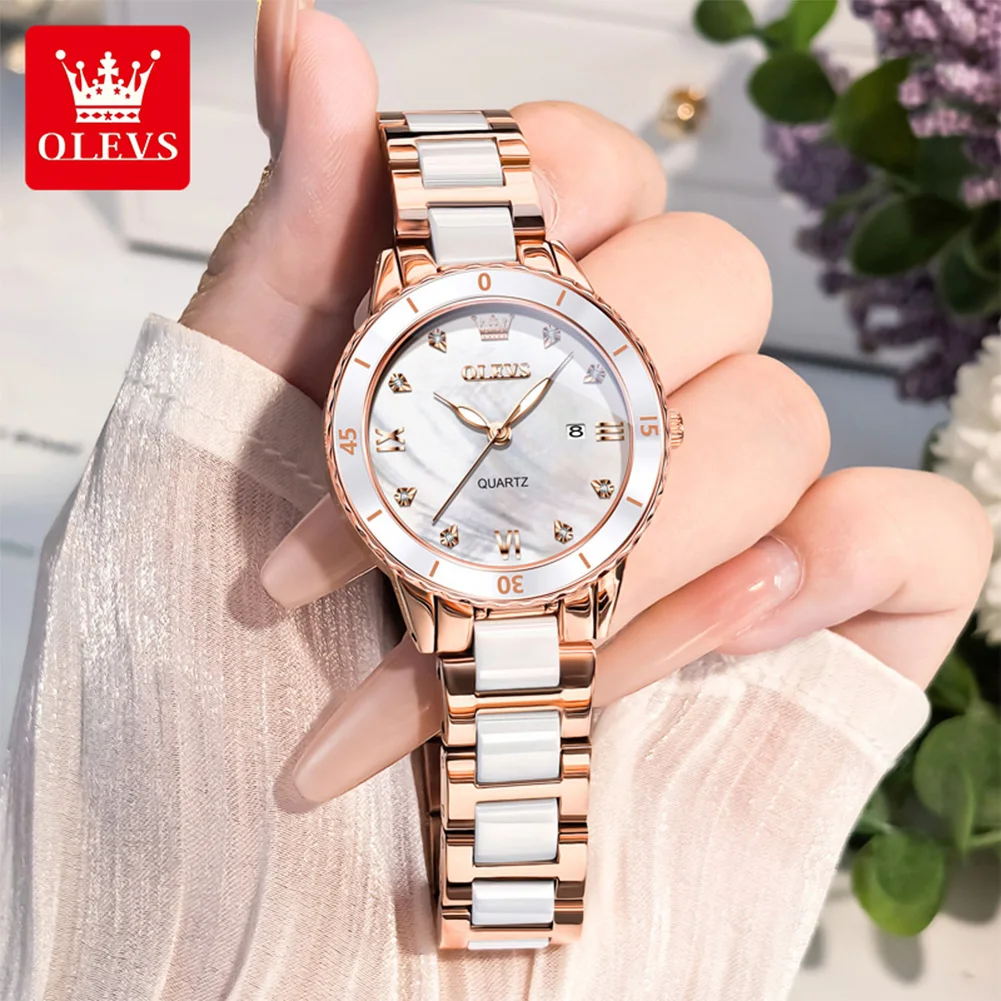 OLEVS 9985 ساعة نسائية مقياس روماني مقاوم للماء التقويم ساعة كوارتز أنيقة حزام السيراميك الفاخرة الأصلي فتاة ساعة Reloj Mujer