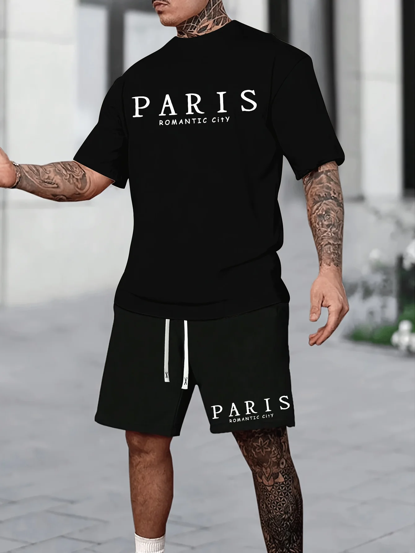 Ultra High Appearance Value PARIS Print Men Tracksuit Suit Male Casual Travel Business Necessity Clothes Oversized 2 Piece Set