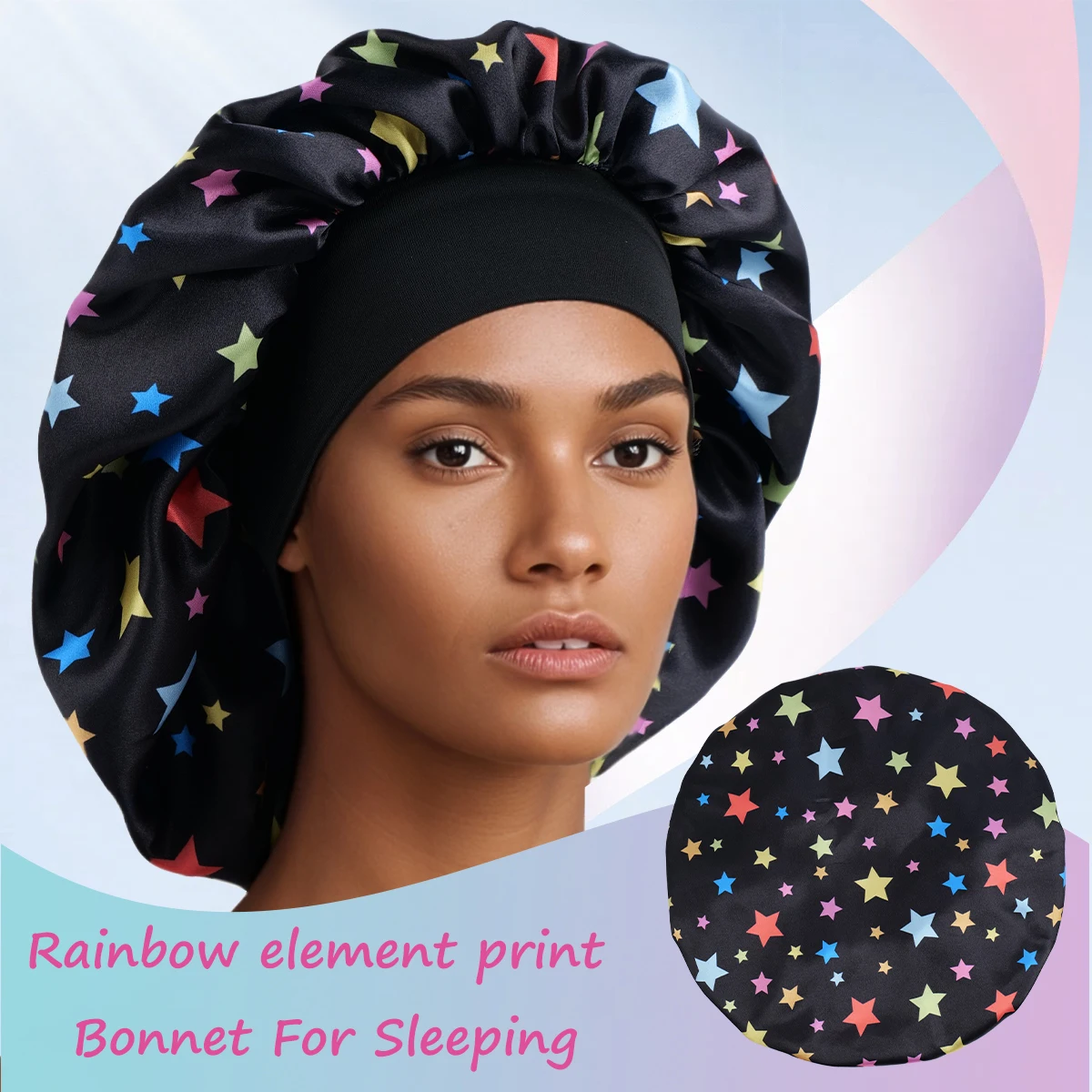 Women's Satin Sleep Cap with Star Print - Wide Elastic Band for Sleeping, Night, Lounge -Soft & Comfortable Night Cap Bonnet