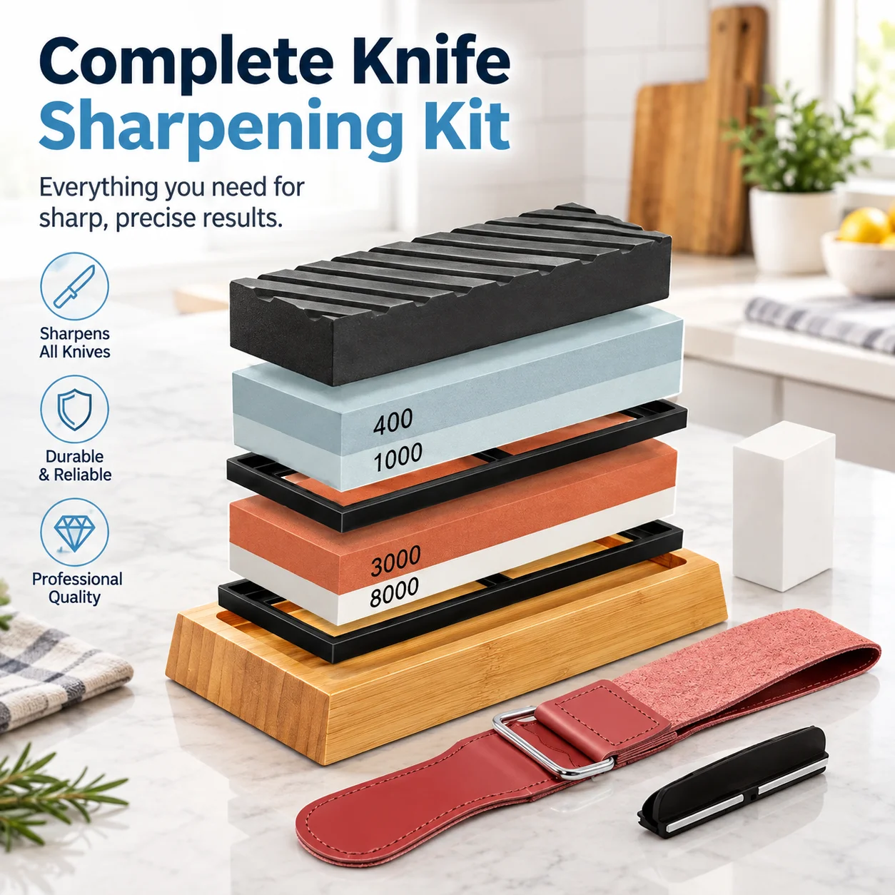 Kitchen Knife Sharpening Set, 400/1000 & 3000/8000 Grit Waterstones with Bamboo Knife Holder, Angle Guide & Leather Sharpening Belt, Professional Whetstone Sharpening Kit for Chef Knives, Knife Sharpener