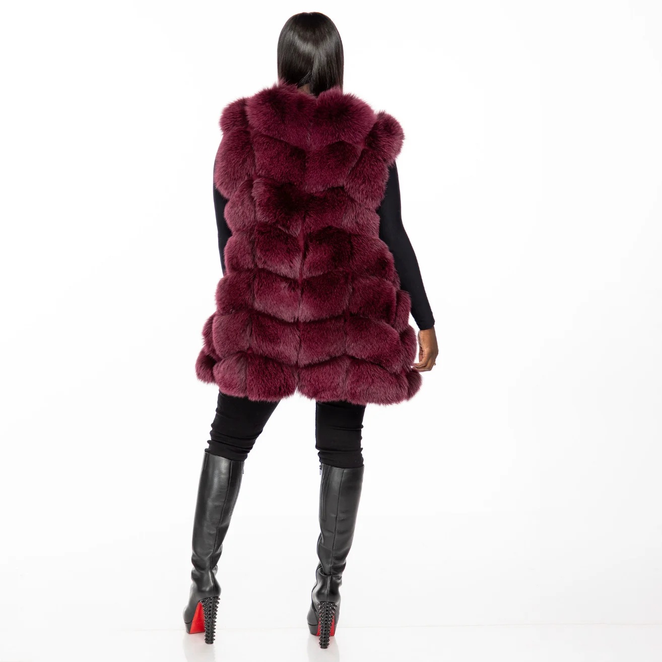 Fashion Wine Red Natural Fox Fur Vest Round Collar Winter Trendy Woman Fur Overcoats Genuine Leather Fox Fur Coats Sleeveless