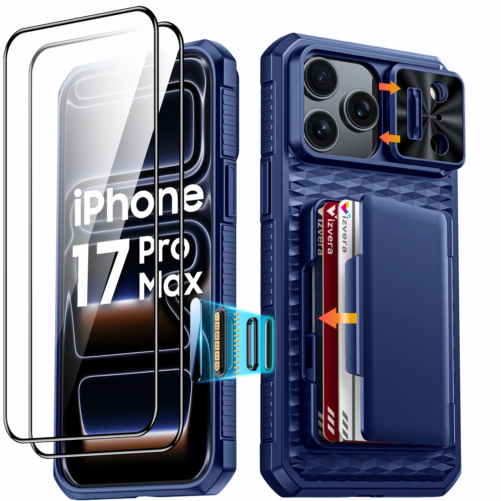 For iPhone 17 Pro Max With Card Holder Sliding Camera Cover And Stand Phone Case, Anti-Fall PC+TPU Wallet Case-Orange