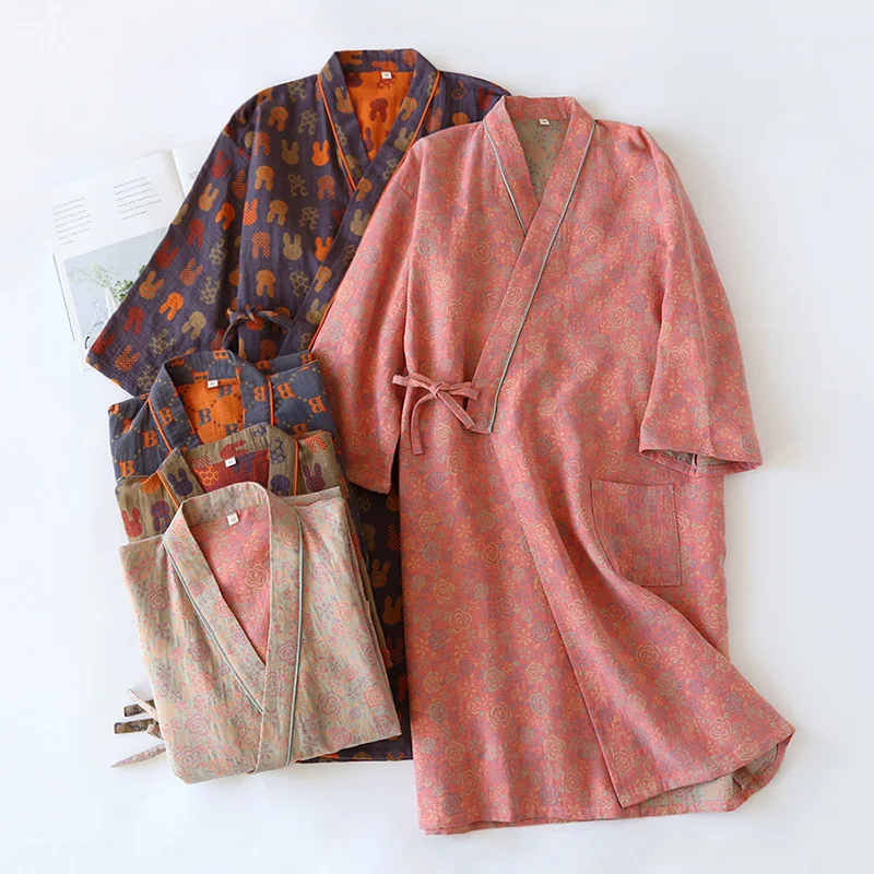 Women's Printed 100%Cotton Loose Fitting Bathrobe Japanese Style Kimono with Belt Bathrobe Sweat Steaming Pajamas Robes Women