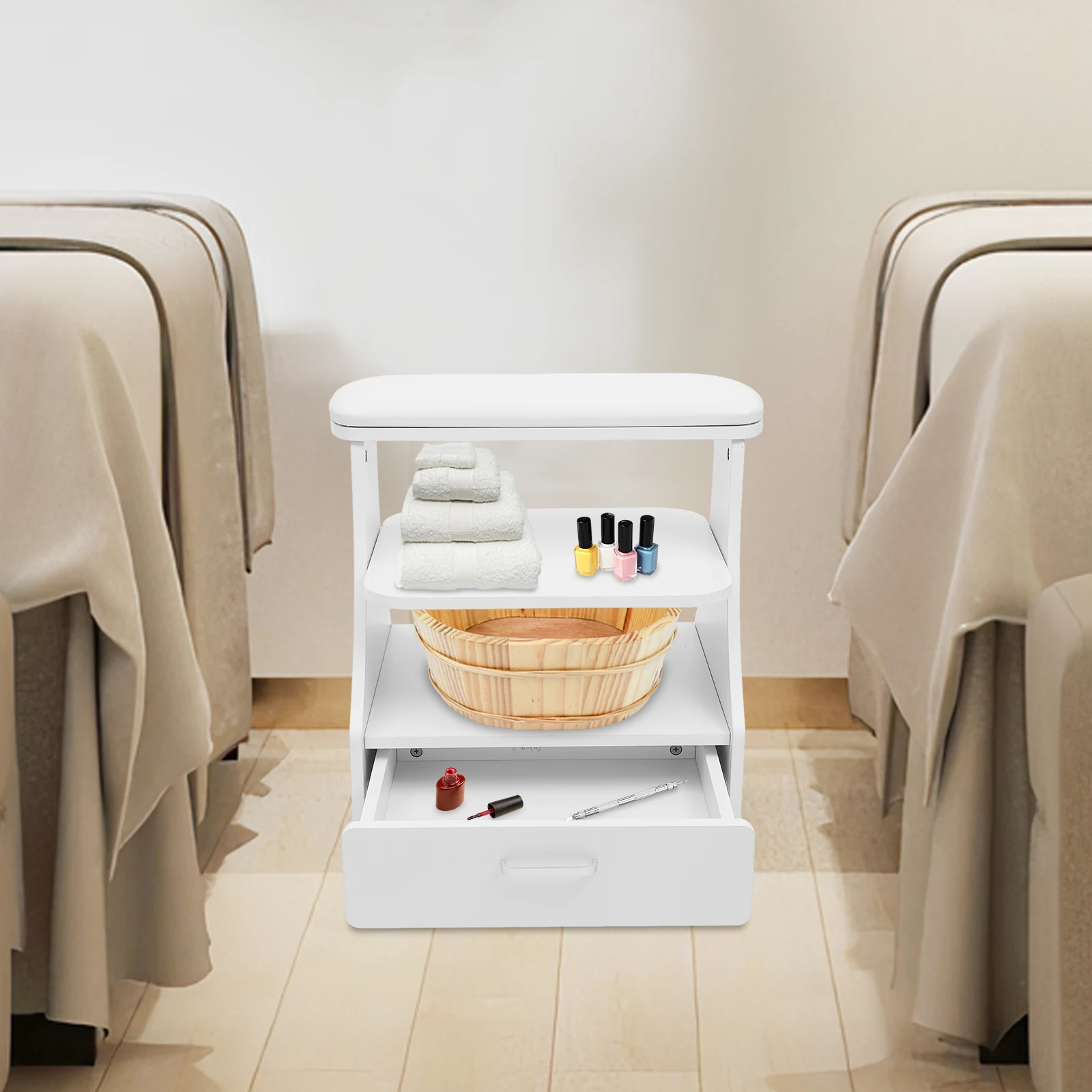 Three-Level Portable Esthetician Trolley Cart, Salon Nail Foot Trolley Cart, with Basket, Four Lockable Wheels, Manicure Pedicure Cart, Easy to Clean, Load Capacity up to 50 kg