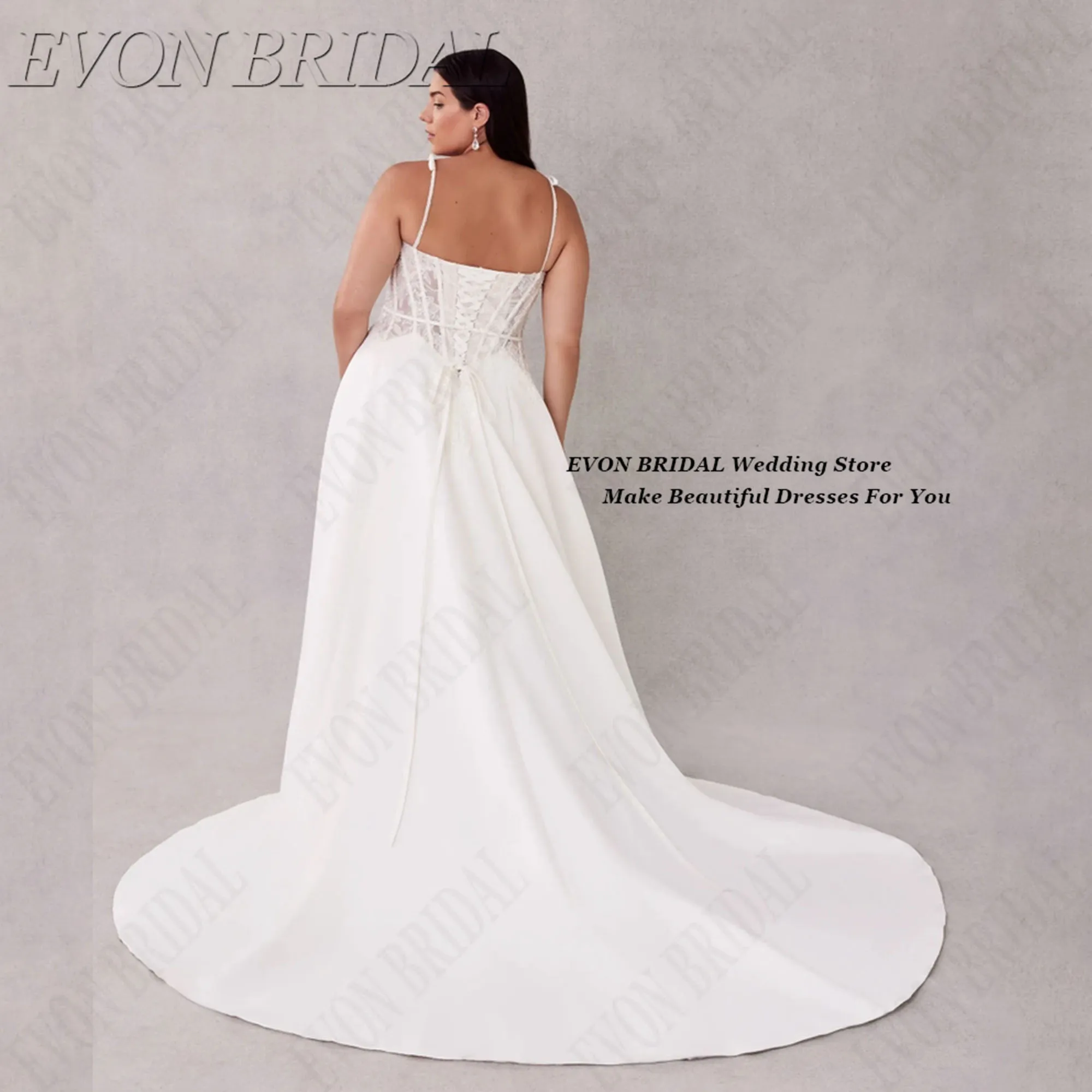 EVON BRIDAL Customized Wedding Dresses Plus Size 2026 Spaghetti Straps Lace Applique Bride Gowns A Line Satin Wedding Gowns