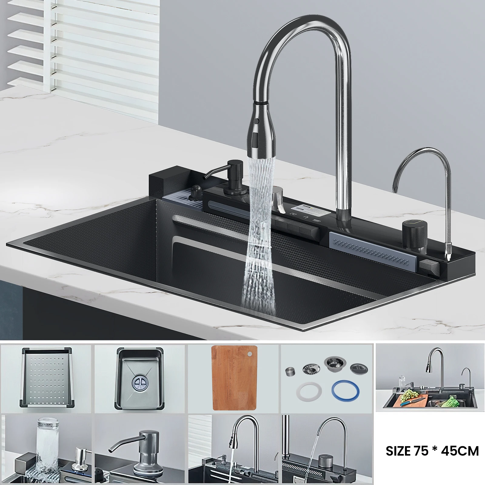 Multifunktionale Smarte Wasserfall-Küchenspüle aus Edelstahl mit Eingebauter Digitalanzeige Große Einzel-Spüle für die Küche