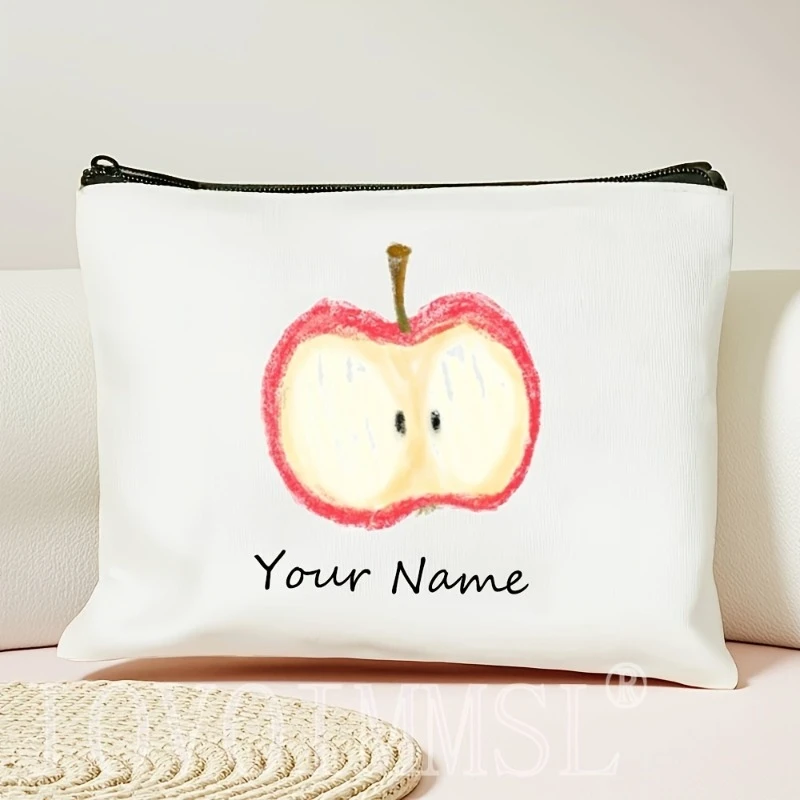 Personalized Apple Pink Heart Zipper Pouch Custom Photo Name Signature Print Valentine Gift For Teacher Bridesmaid Female Friend