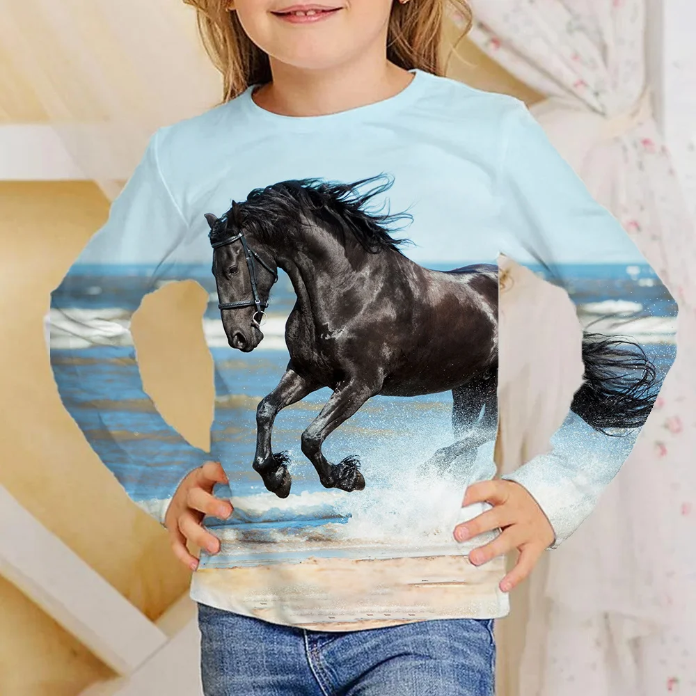 Korean Children\'s Clothing Autumn 2023 Fashion Horse Tshirt For Kids Boys T-Shirt Girls Clothes From 9 To 12 Years Long Sleeves