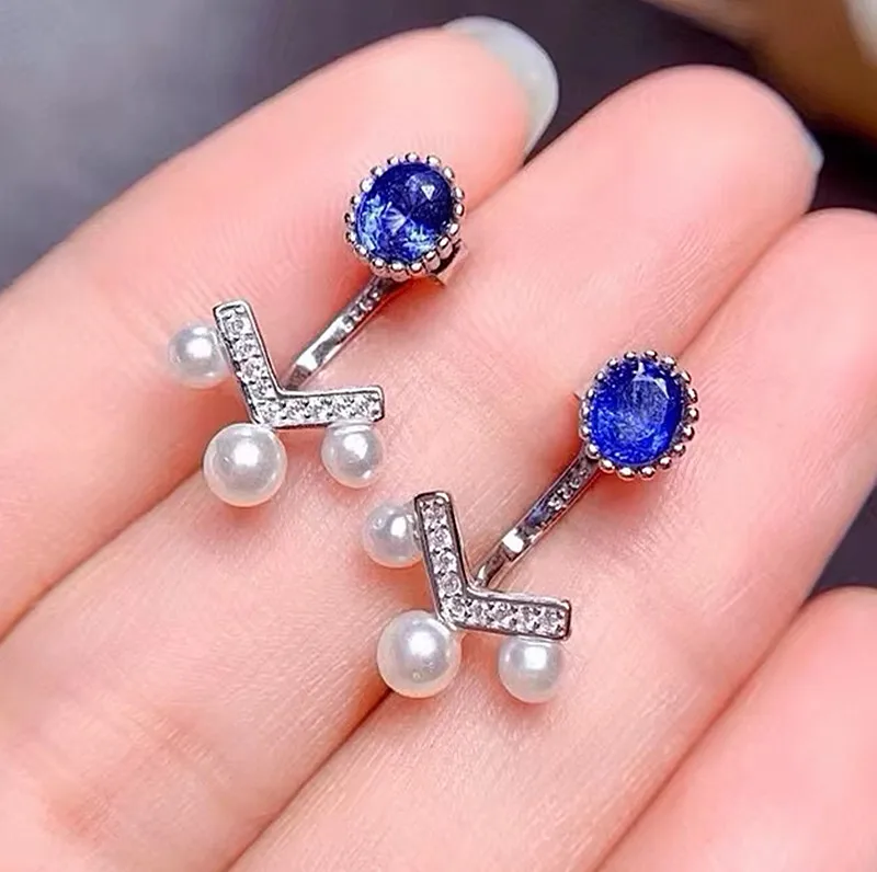 

Fine Jewelry Natural Sri Lankan Sapphire Women's Earrings One Style Two-piece Outfit S925 Pure Silver Inlaid Gem Support Testing