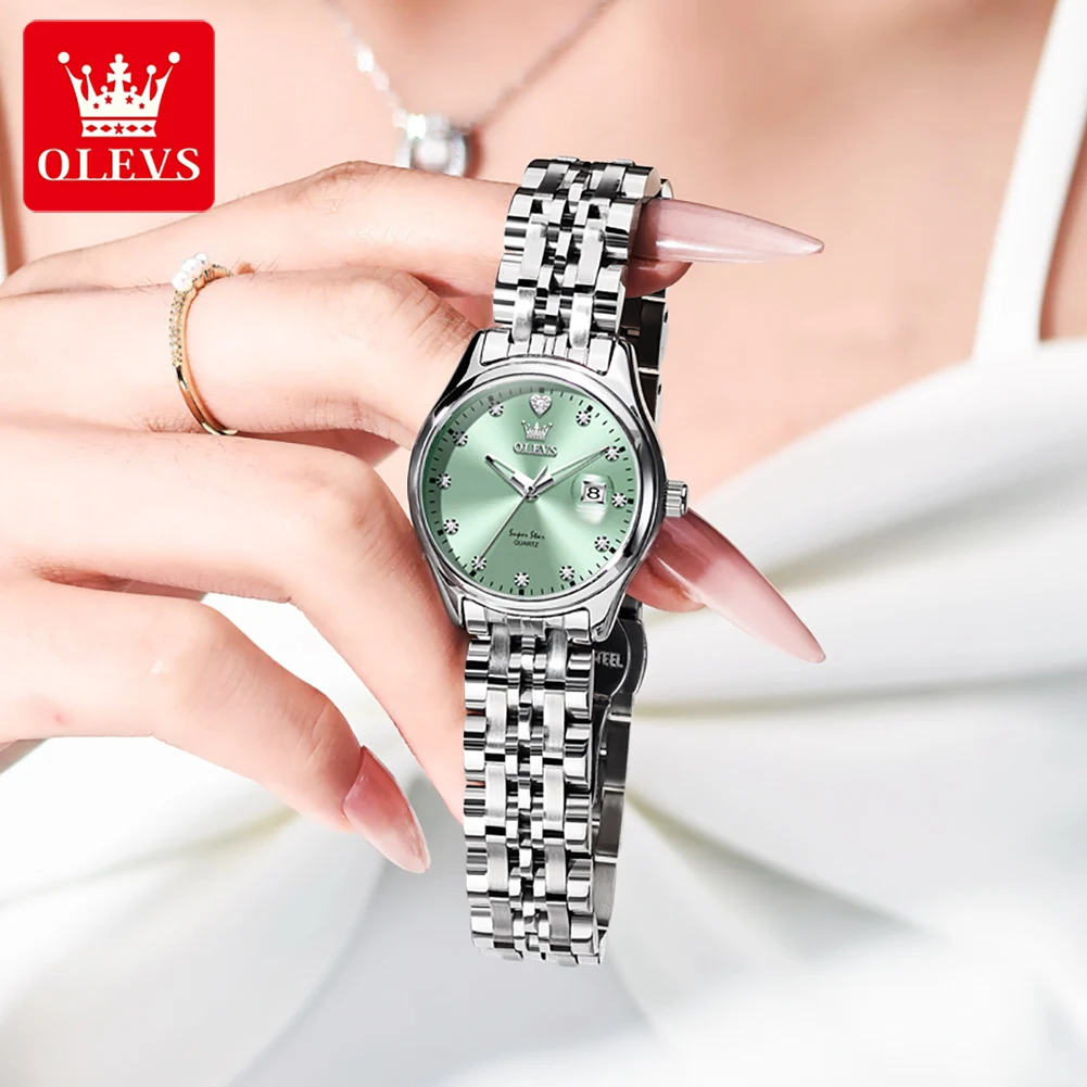 OLEVS 5649 ساعة كوارتز عصرية للنساء، تاريخ مضيء، حزام من الفولاذ المقاوم للصدأ، مقاومة للماء، ساعة أنيقة للسيدات