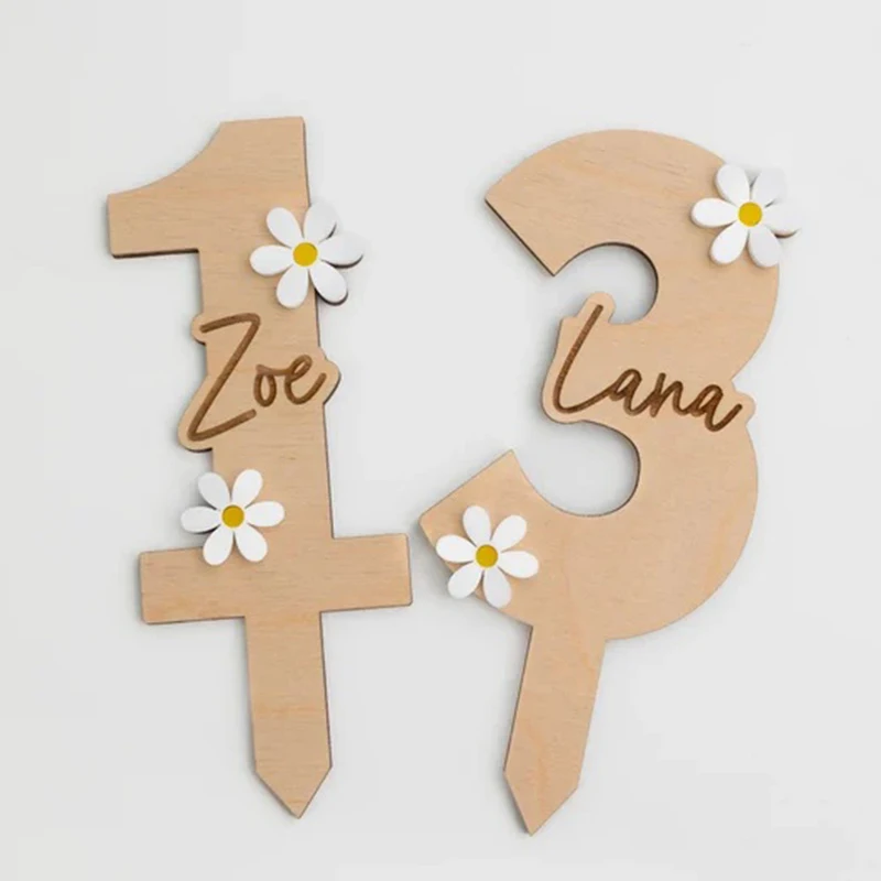 Personalised Happy Birthday Cake Topper Daisy Age & Name Birthday Topper Number Custom Wood  Rustic Cake Toppers