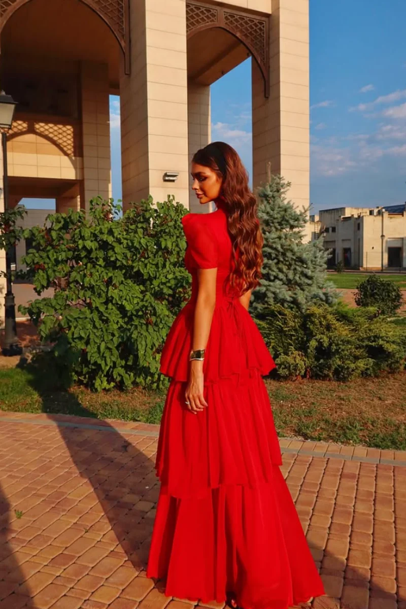 Jessica Short Sleeves And Turtleneck Evening Dresses Red Hand-layered Prom Dresses Women's Formal Party Dresses Customized