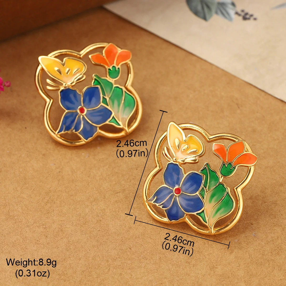 Women's Fashion Enamel Flower Butterfly Earrings 18K Gold Plated Brass Jewelry Vintage Style Stud Earrings Unique Gift