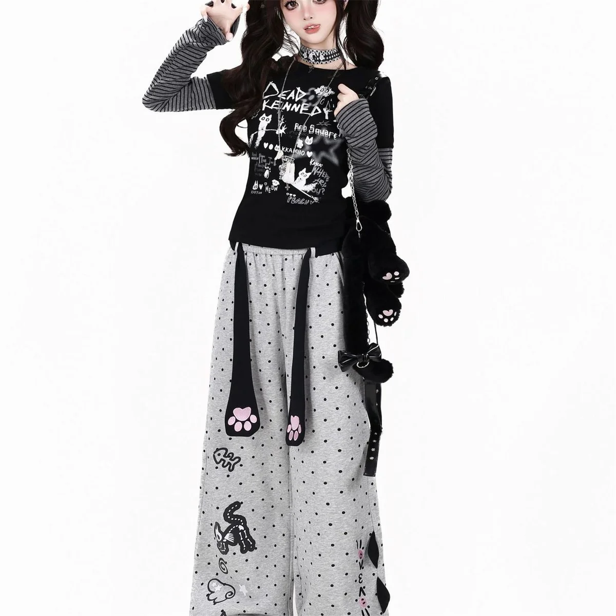 Japanische Süße Coole Neue Polka-Dots Niedlicher Cartoon-Print Hochgeschnittene Hose Lose Lässige Gerade Jogginghose Schwarze Damenhose – Detail 6
