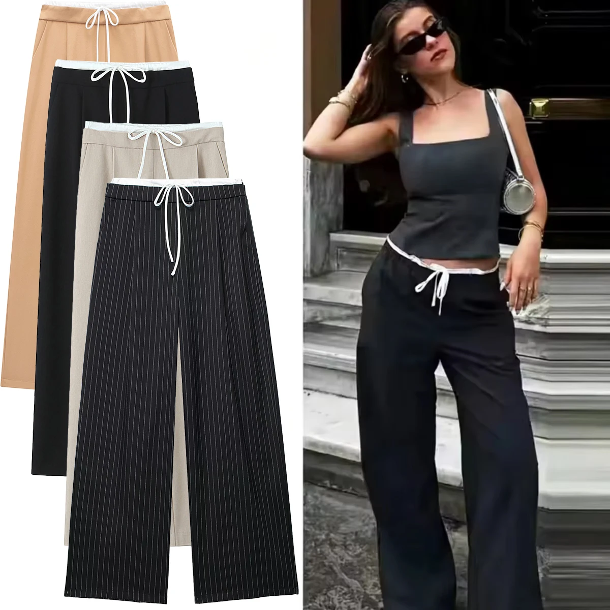 Lange Damenhose mit geradem Bein, mehrfarbig, modisch, Büro, lässig, mit Schnürung, solide Hose, lockere, bequeme Damen-Frühlingshose