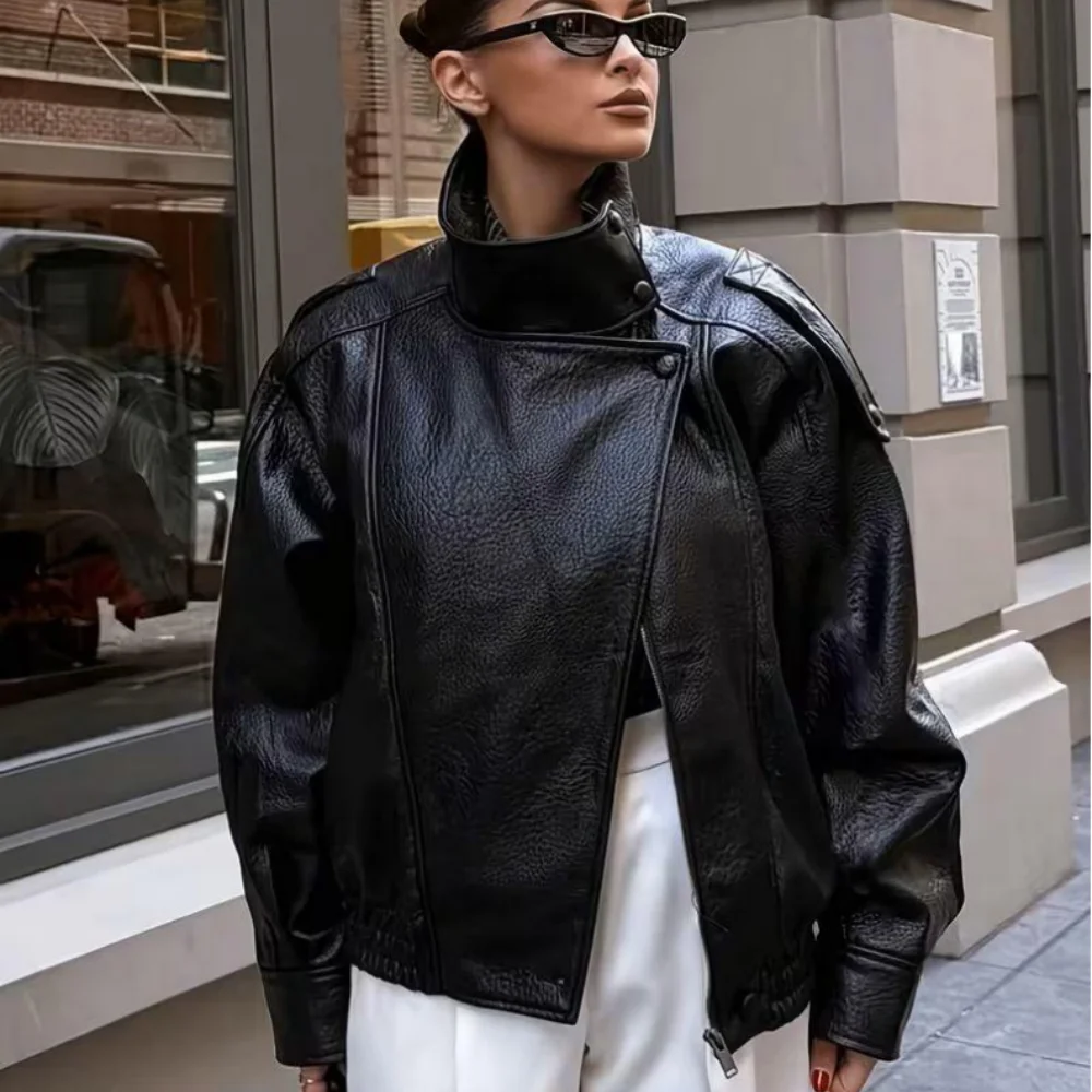 Damen Bomberjacke aus Leder Schwarze Jacken Cropped Oversize Stehkragen Winddichte Langarm-Mäntel Oberbekleidung Winterjacke