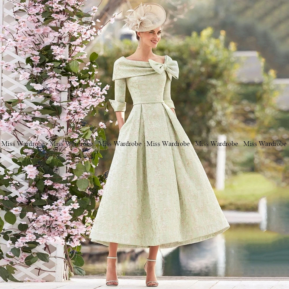 Customized Sage Mother of the Bride Dress Tea Length Bateau Neck Evening Party Gowns 3/4 Sleeves Mother of Groom Dresses 2024