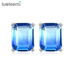 LUOTEEMI Square Blue Purple CZ Stud Earrings for Women Cute Wedding Engagement Fashion Jewelry Sweet Girls Christmas Gifts