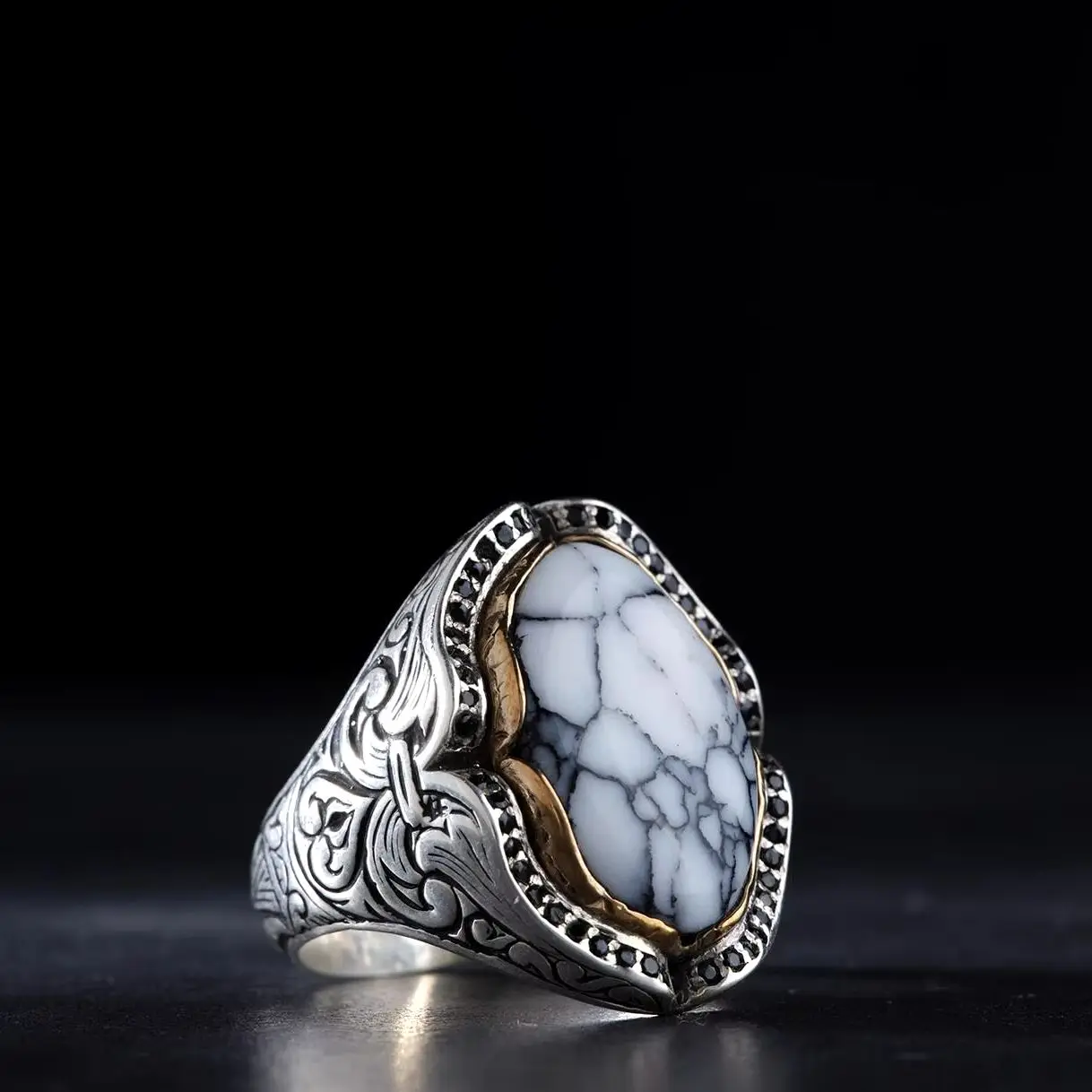 Adjustable Silver Ring with White Turquoise Stone | Handmade Men's Jewelry | Turkish Gemstone Ring