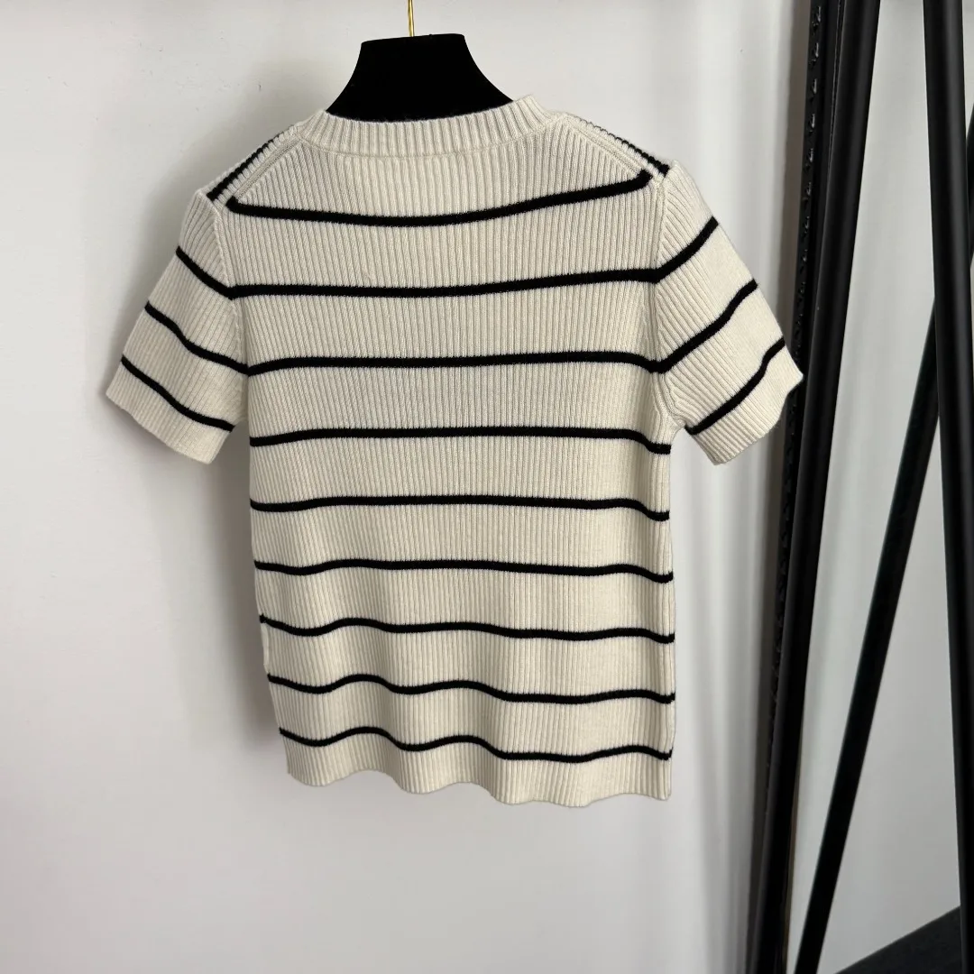 

25 Autumn new letter striped short-sleeved wool knitted sweater women's trendy casual top