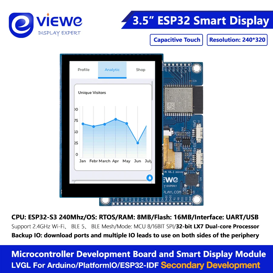 터치 기능이 있는 LCD TFT 모듈, 듀얼 코어 개발 보드, 아두이노 플래시, 와이파이 및 블레스, ESP32 S3 디스플레이, LVGL 240*320 HMI, 16M, 3.5 인치