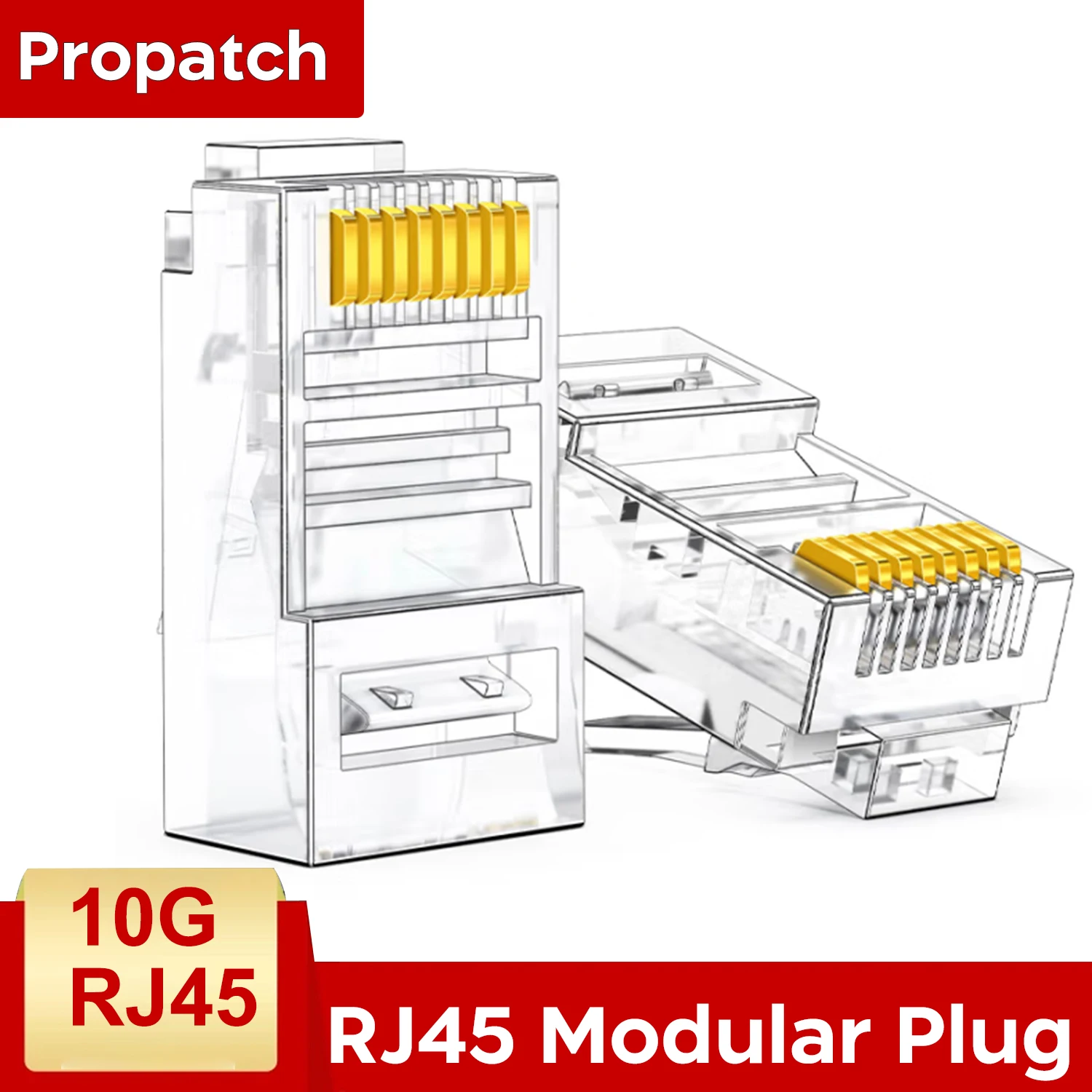 ProPatch RJ45 Connector Pass Through Cat5  Connectors Crystal End Gold-Plated 8P8C Crimp UTP Ethernet Modular Plug