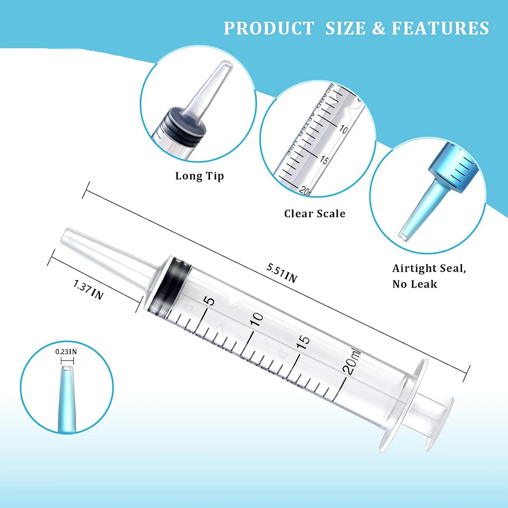 20ml Sterile Plastic Syringe with Tip Cap - Individually Sealed for Liquid, Pet Feeding, Watering, Refilling, Labs, Oil & Glue