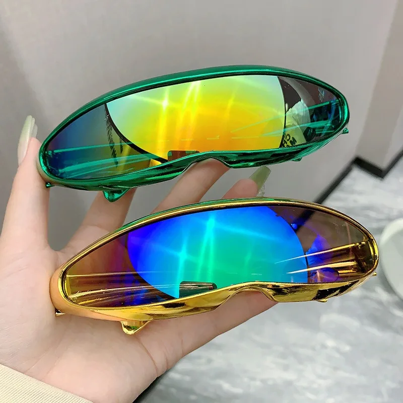 Futuristische einteilige Spiegel personalisierte galvanisierte Sonnenbrille Damen Herren 2025, Y2K Steampunk-Brille, Rave-Party-Brille, UV400