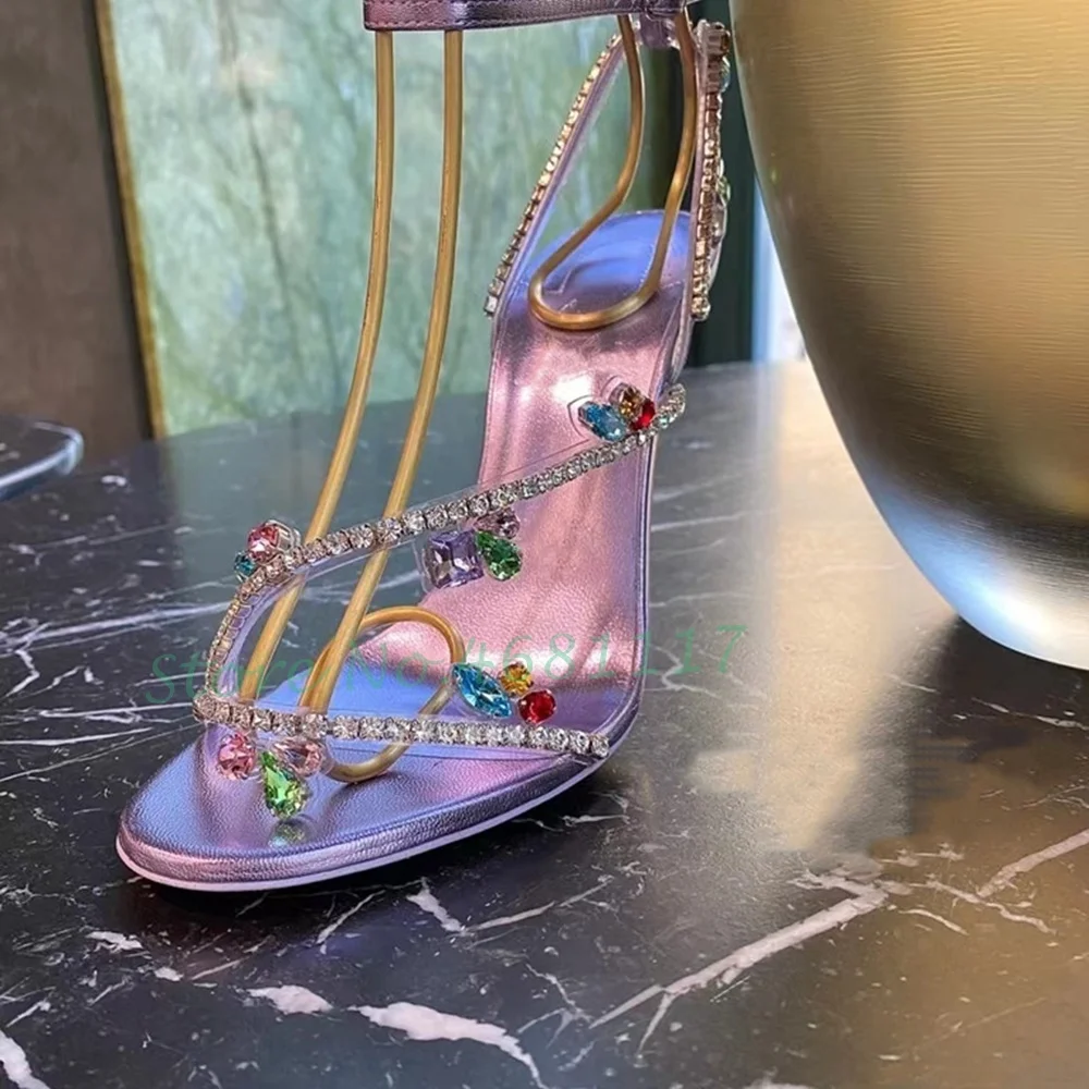 Colorful Crystal Luxury Heels Sandals Patent Leather Women Purple Cross Strap Trending Sandals Ladies Party Evening Summer Shoes