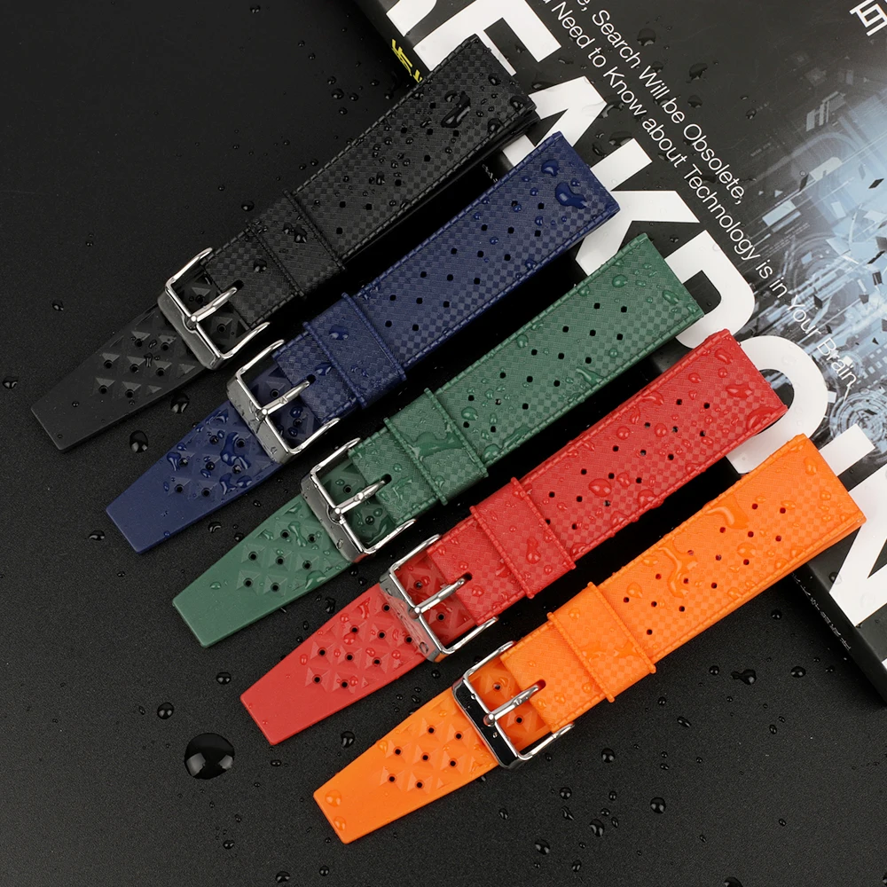 Tropical Fluorine Rubber Watch Band 18mm 20mm 22mm Waterproof Porous Breathable Diving Sport Men Women Watch Strap Replacment