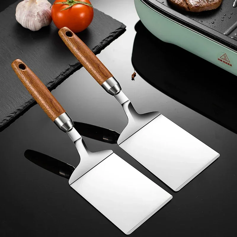 Spatule de cuisson à Steak à tête carrée en acier inoxydable, pelle à Pizza, crêpes, boeuf, grattoir, manche en bois, ustensiles de barbecue pour la cuisine