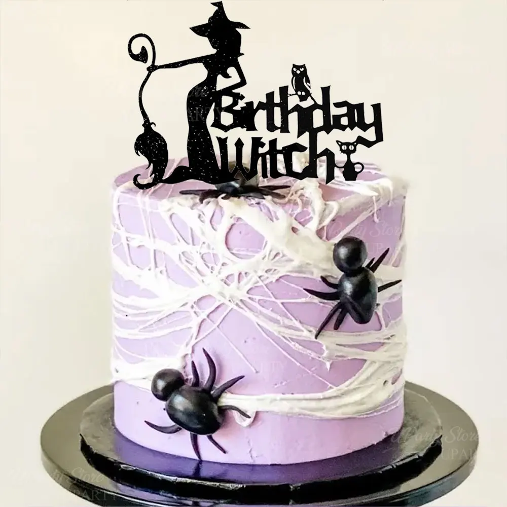 Hexengeburtstagstorte Topper Glitzer Schwarz Alles Gute zum Geburtstag Hexenkuchendekorationen für Hexengottes Geburtstag Halloween Party Dekor – Detail 4